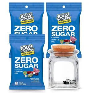 Zero Sugar Candy Assortment. Includes 3-Pack Sugar-Free Jolly Rancher Zero Sugar Hard Candy, 3.6 Oz Each with Forever Festive Cork Lid "Jar" Zip Bag - Delicious Sugar-Free Treats for On-the-Go Fun!