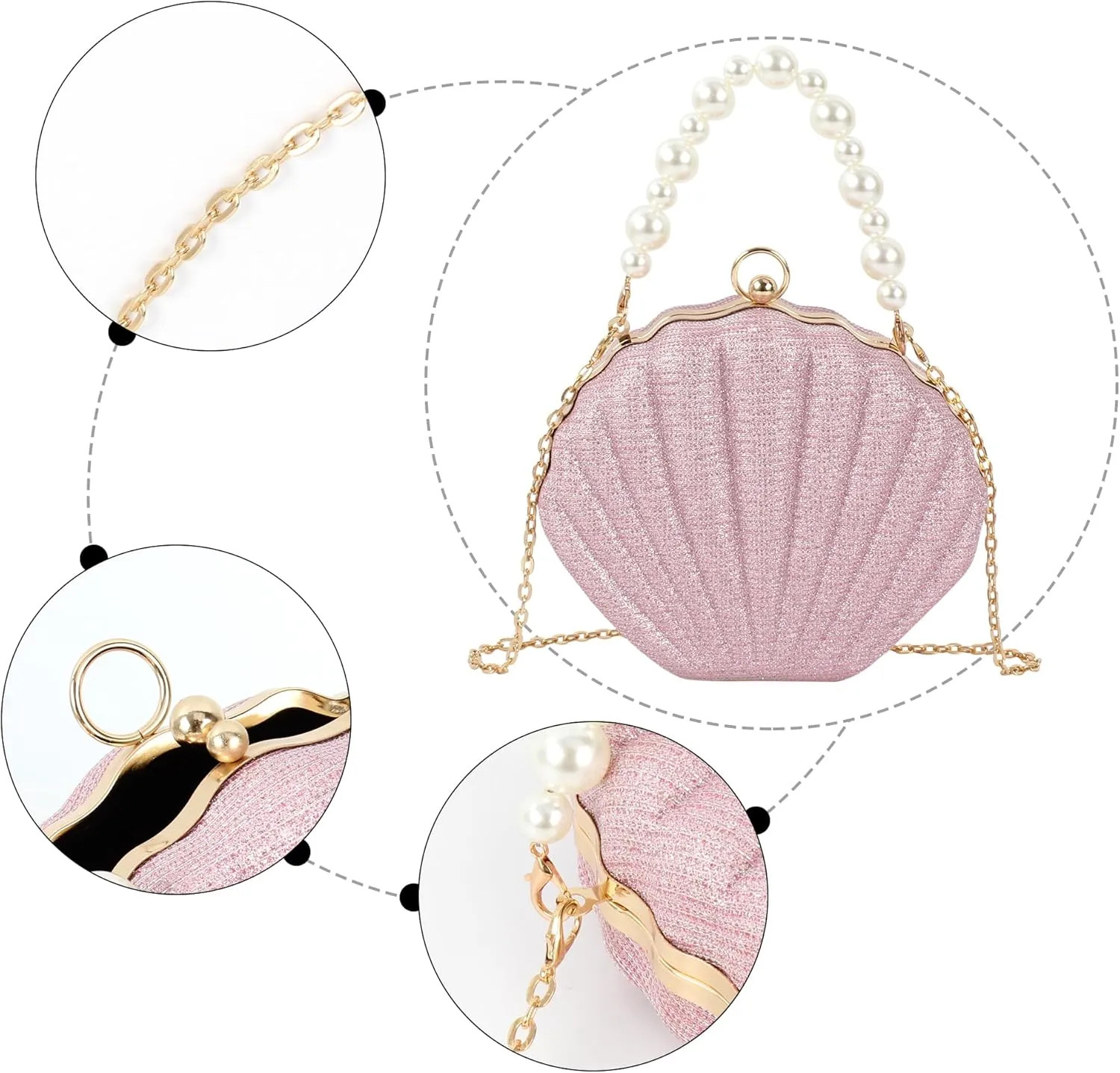 ZLM BAG US Glitter Seashell Evening Clutch Purse Mini Chain Crossbody Bag Pu Leather Shell Pearl Shoulder Bag
