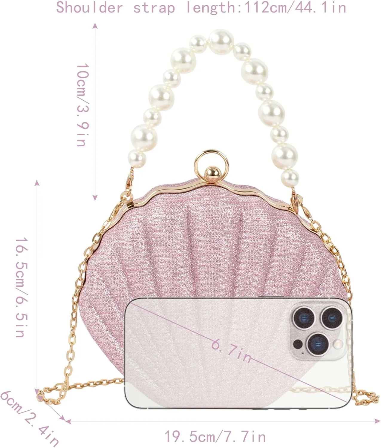 ZLM BAG US Glitter Seashell Evening Clutch Purse Mini Chain Crossbody Bag Pu Leather Shell Pearl Shoulder Bag