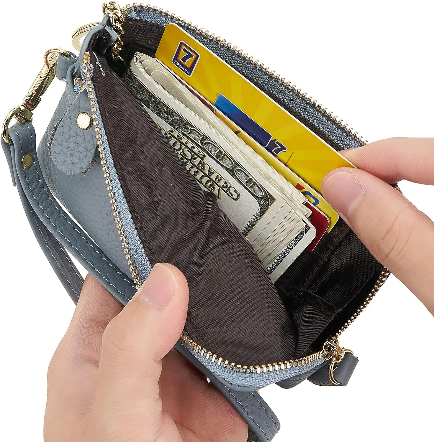 ZOOEASS Women Leather Coin Purse,Large Opening For Easy Access,With Wrist Strap(Blue)