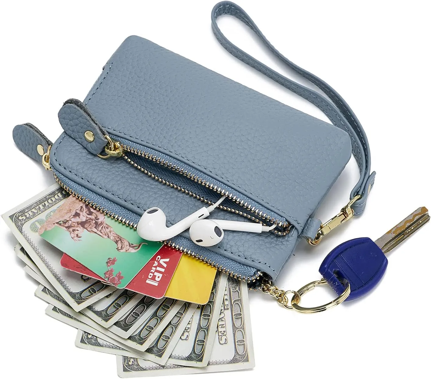 ZOOEASS Women Leather Coin Purse,Large Opening For Easy Access,With Wrist Strap(Blue)